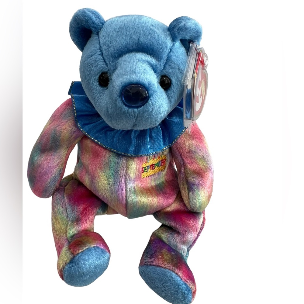 Original New Vintage Ty Beanie Baby September, Happy Birthday Bear Rainbow 2001